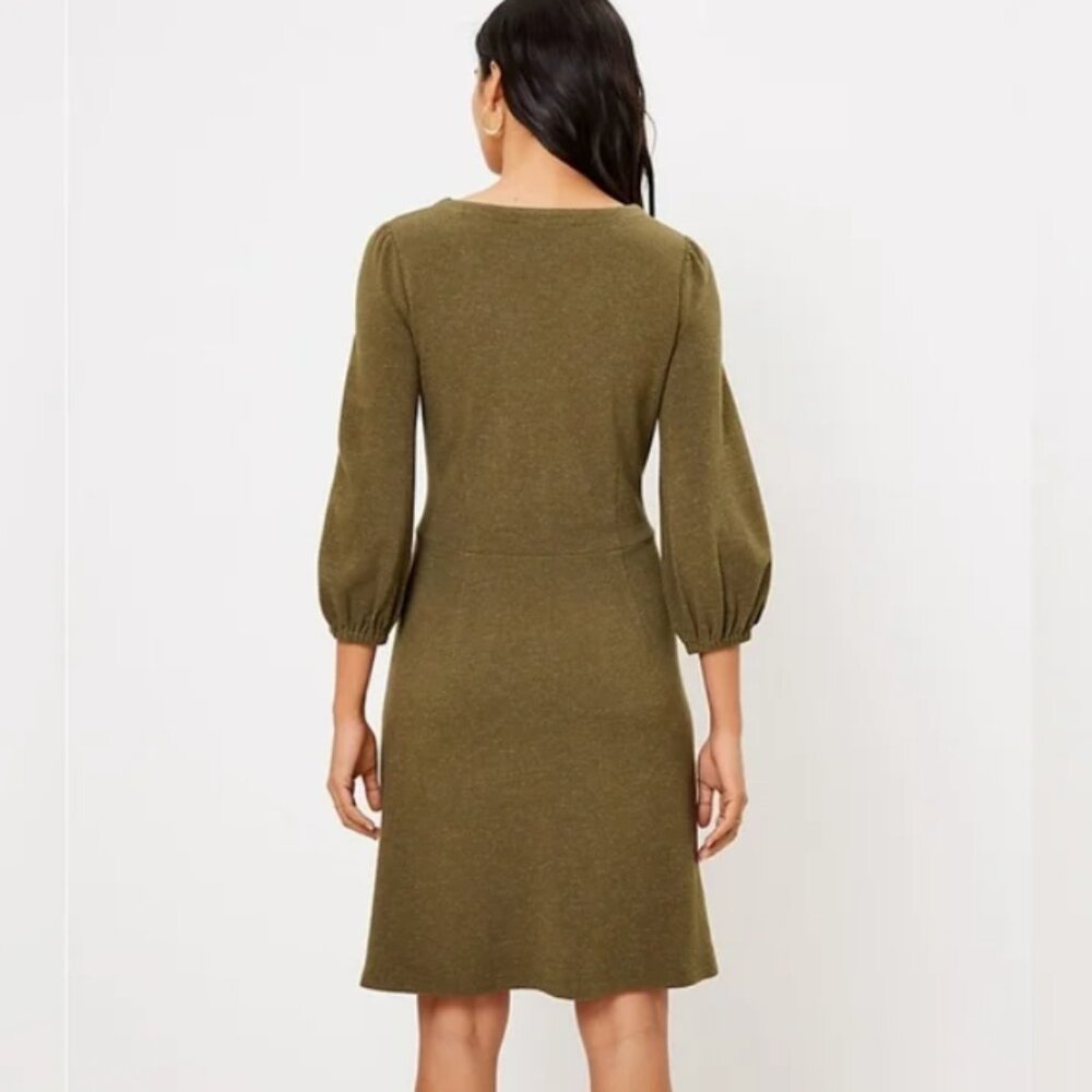 LOFT Olive Green Ribbed V-Neck Fit-and-Flare Dress - Picture 2 of 6